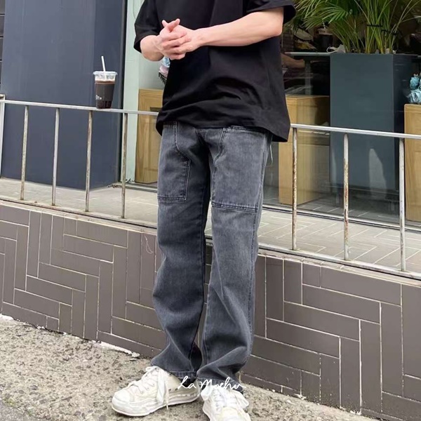 大口袋設計牛仔直筒褲